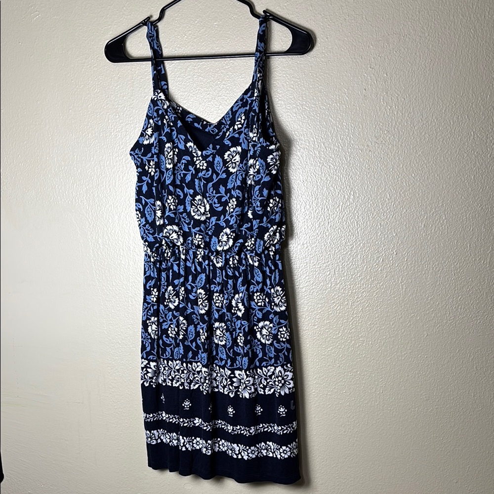 LOFT Blue and White Sleeveless V-Neck Sundress
